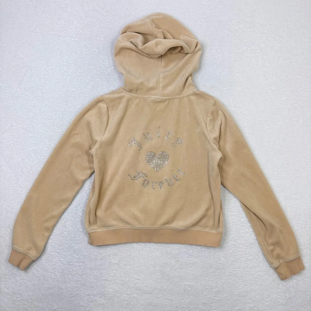 Juicy Couture x Forever 21 Velour Zip‎ Hoodie Medium Bling Sparkle Logo Beige